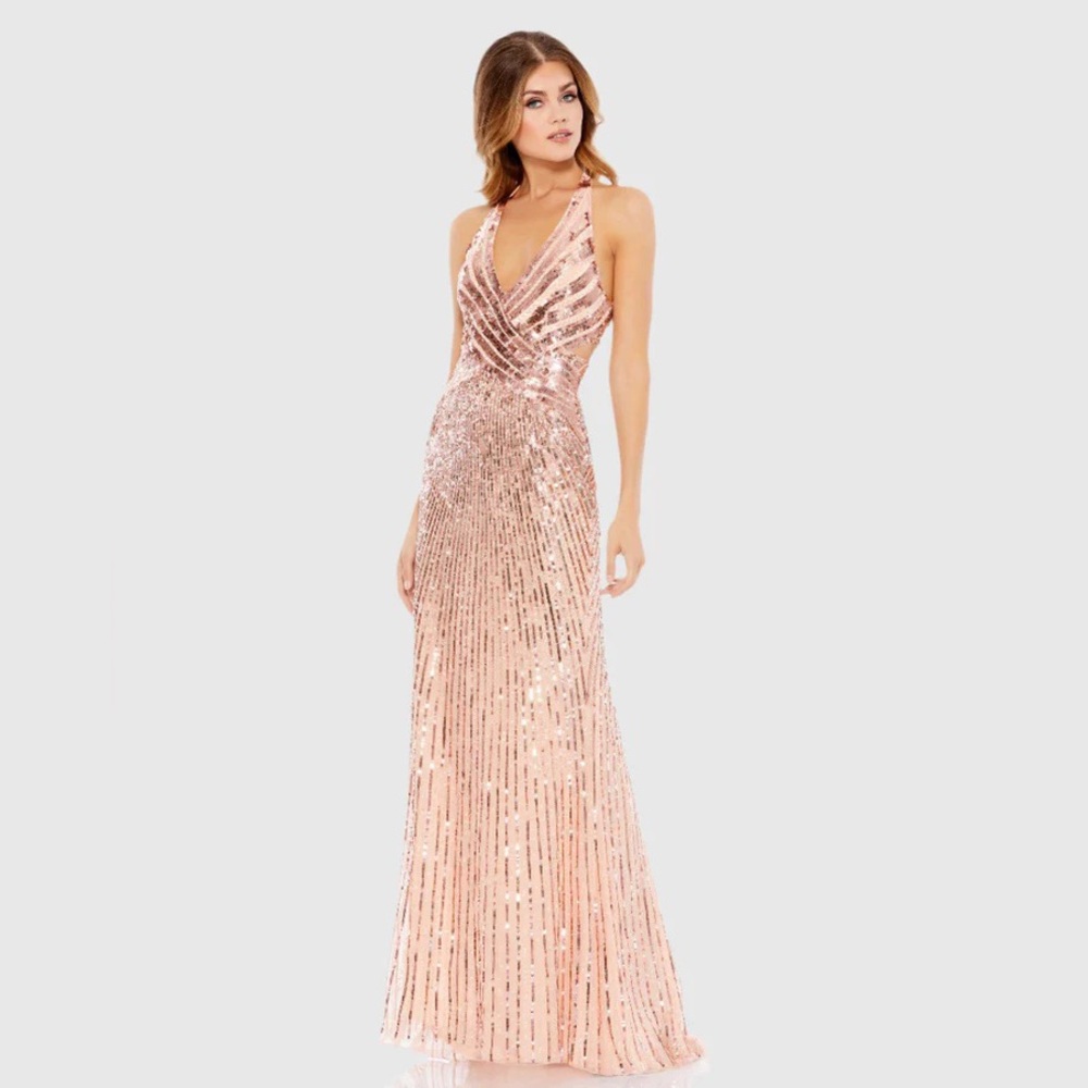 Mac Duggal Rose Gold Sequin V-Neck Maxi Dress